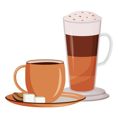 Coffee drinks cartoon vector illustration. Cappuccino in cups flat color object. Irish coffee with layers. Latte in ceramic mug. Restaurant order. Caffeine cocktail isolated on white background