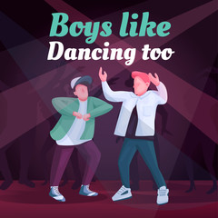 Free dance social media post mockup. Boys like dancing too phrase. Web banner design template. Recreation in nightclub booster, content layout with inscription. Poster, print ads and flat illustration