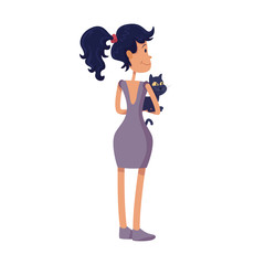Woman holding cat in hands back view flat cartoon vector illustration. Beautiful lady with pet. Ready to use 2d character template for commercial, animation, printing design. Isolated comic hero