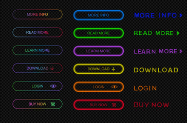 Set of modern neon buttons for website, infographic, mobile app.Navigation colorful buttons with text. Button icon for shop, game, banner.