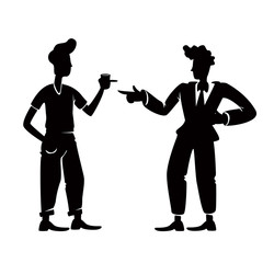 Old school guys greeting black silhouette illustration. Male people in standing pose. Two pop style men meeting, 1950s friends together 2d cartoon characters shape for commercial, animation, printing