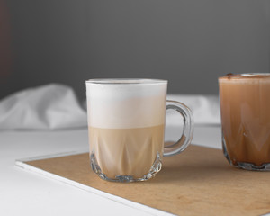 Cafe latte and Cortado in glass cups