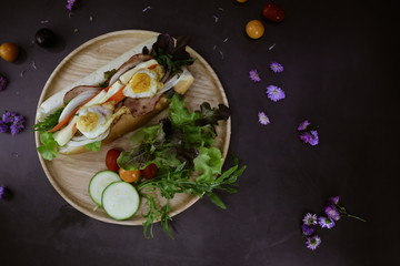 Obraz na płótnie Canvas Classic Sub Ham Cheese and Egg Sandwich Recipe Healthy Food with Vegetable Ready to Eat Fast.