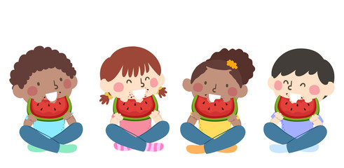 Kids Eating Watermelon Sitting Down Illustration