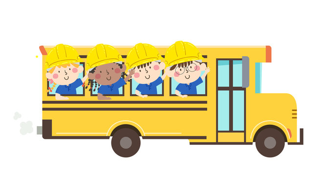 Kids Construction Engineer School Bus Illustration
