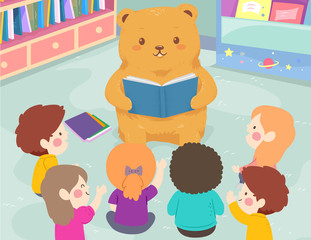 Kids Bear Read Book Class Illustration