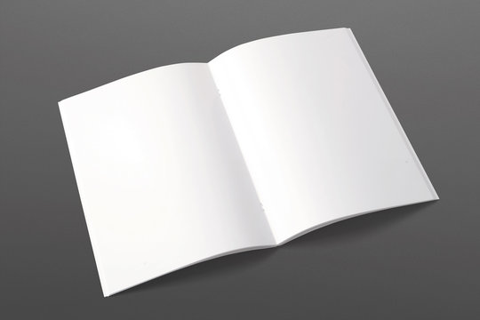 Opened magazine isolated on black. 3d reOpened magazine isolated on black. Illustration of blank pages. Mockup template for your showcase.nder of blank pages.