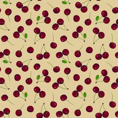 Cherry seamless pattern; juicy cherry with leaves on orange background for fabric, wallpaper, packaging, textile, web design.