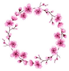 Fototapeta na wymiar Hand drawn isolated cherry blossom wreath. Sakura flower illustration composition. Sakura blossom wreath. Botanical illustration. Floral arrangement circle frame. 