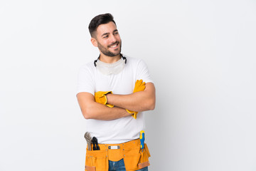 Craftsmen or electrician man over isolated white background laughing - obrazy, fototapety, plakaty