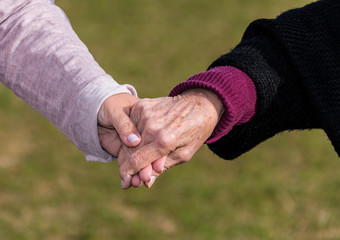 Affection and tenderness of a granddaughter to her grandmother. Traits of aging on the hands