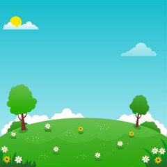 Beautiful nature landscape vector illustration with bright sky, green meadow and flowers suitable for summer background or kids background 