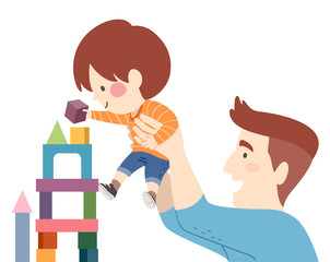 Kid Boy Dad Man Building Blocks Illustration