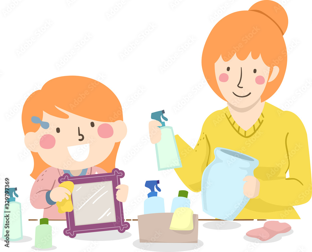 Sticker Kid Girl Mom Teach Cleaning Tools Illustration