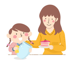 Kid Girl Mom Motivate Cleaning Illustration