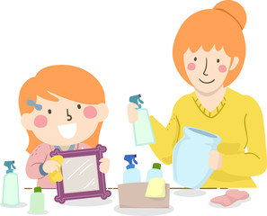 Kid Girl Mom Teach Cleaning Tools Illustration