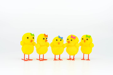 Group of cute yellow model chicks made of foam standing in a group against a plain white background