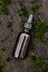 Bottle of serum on dark background from moss