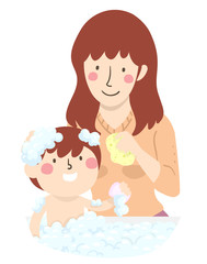 Mom Teach Kid How To Take Bath Illustration