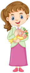 Girl in pink skirt holding flowers on white background
