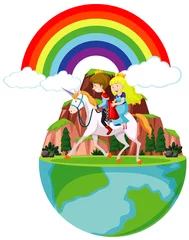 Prince and princess riding on horse around the mountain © blueringmedia