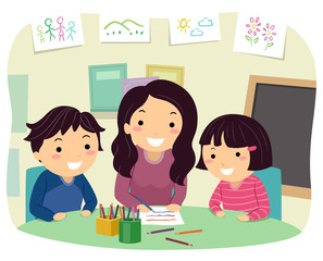 Kids Mom Home School Brainstorm Illustration