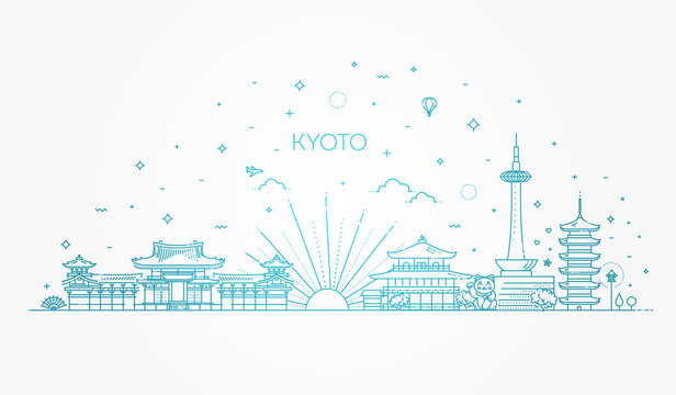 Set of flat icons of Kyoto landmarks and culture features vector illustration