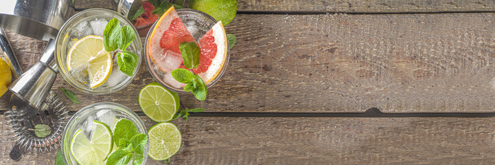 Summer detox beverage  concept. Citrus fruit drinks with ice. Healthy diet cocktail with making bar...