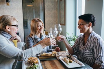 women friends making a toast or cheers with wine in restaurant