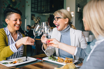 women friends making a toast or cheers with wine in restaurant