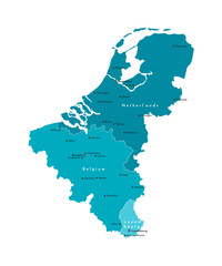 Vector modern isolated illustration. Simplified political map of states of Benelux Union. Blue shapes. Names of largest cities of Belgium, Netherlands, Luxembourg - obrazy, fototapety, plakaty