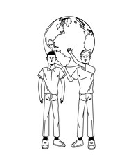 young men avatars lifting world planet characters