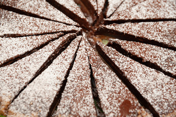 Close-up of delicious homemade chocolate tart with powdered sugar. Horizontal shot.