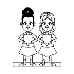 happy little girls with puzzle piece characters