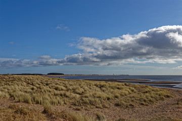 Looking towards the Barry Buddon Headland from Monifieth Beach with its low grass covered dunes behind the gently shelving Sandy Beach.