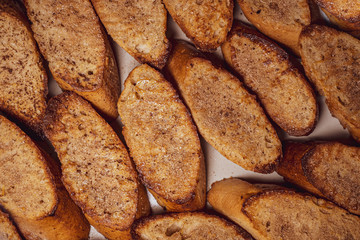 Torrijas top view. Traditional homemade spanish easter dessert. Sweet bread slices background.