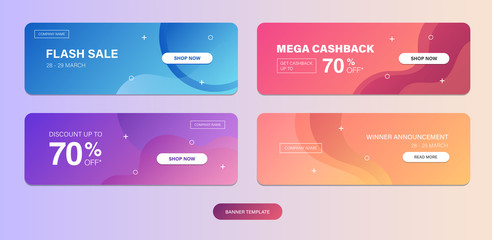 Dynamic modern fluid mobile for Voucher Sale template. Get Coupon Discount Sale banner template design. Free gift card set. Fancy colors and cool illustration shapes.