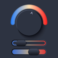 Neumorph UI kit with Volume Knob and sliders. Dark color set. Workflow temperature control in Skeuomorph Trend Design. Circular Elements for smart technology applications. Vector illustration.