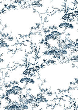 Japanese Chinese Design Sketch Ink Paint Style Seamless Pattern Bamboo Blossom Peach Pine