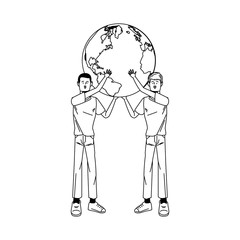 young men avatars lifting world planet characters