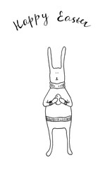 Funny Easter bunny with an Easter egg and handwritten text 