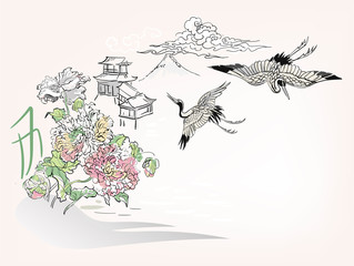 japanese chinese vector design ink flower engraved colorful card bakground birds crans landscape building chrysantemum