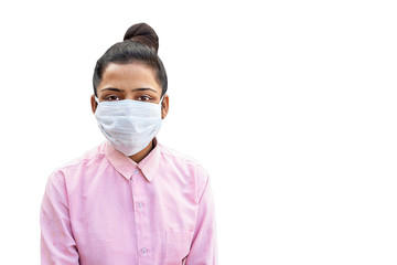 Indian Asian young girl wearing mask for coronavirus protect , Covid-19 virus outbreak in India.Indian girl have lung cancer.Epidemic virus symptoms. Copy space to withe text against white background