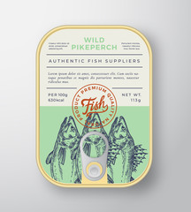 Canned River Fish Abstract Vector Aluminium Container Packaging Design or Label. Modern Typography Banner, Hand Drawn Zander Silhouette with Lettering Logo. Color Paper Background Layout.