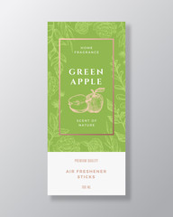 Apple Fruit Home Fragrance Abstract Vector Label Template. Hand Drawn Sketch Flowers, Leaves Background and Retro Typography. Premium Room Perfume Packaging Design Layout. Realistic Mockup.