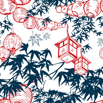 Japanese Vector Sketch Design Background Hand Drawn Ink Seamless Pattern Lights Paper Chinese