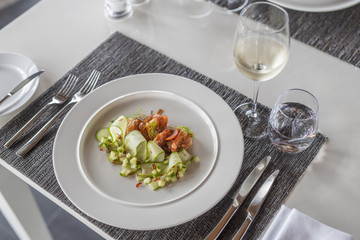Gourmet food elegant white plate, luxury restaurant background