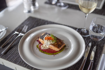 Gourmet food elegant white plate, luxury restaurant background