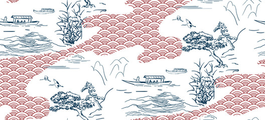 japanse vector schets ontwerp achtergrond hand getrokken inkt naadloze patroon boten zeewater