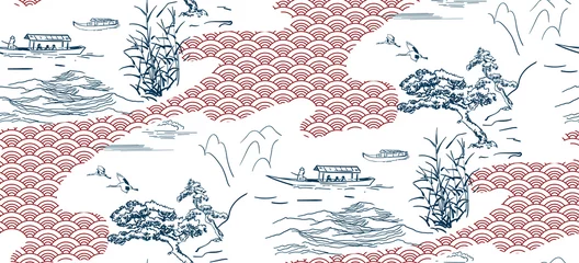 Gordijnen japanse vector schets ontwerp achtergrond hand getrokken inkt naadloze patroon boten zeewater © CharlieNati